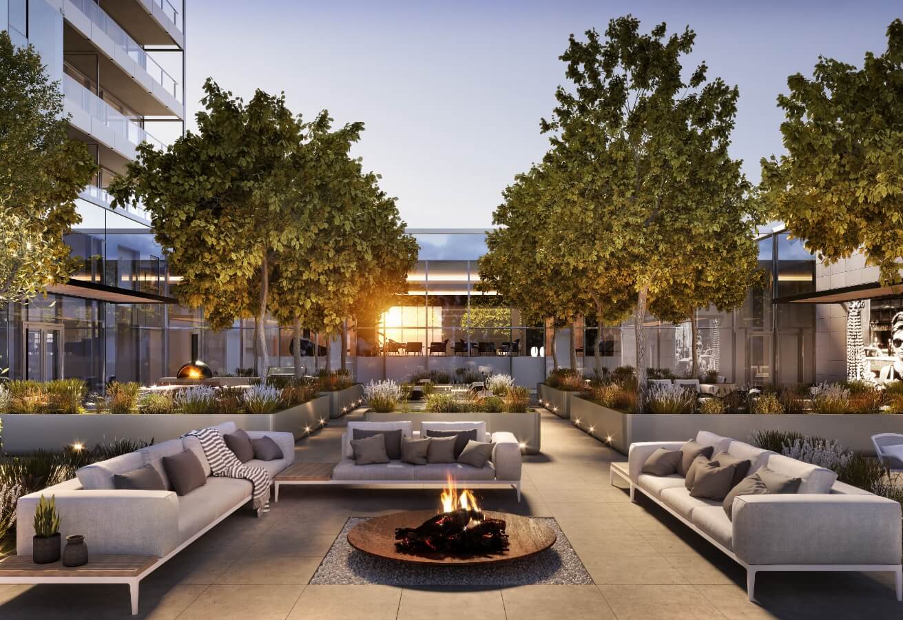 Exterior view of the terrace at Quinze-Cent, a penthouse project for sale in Montreal