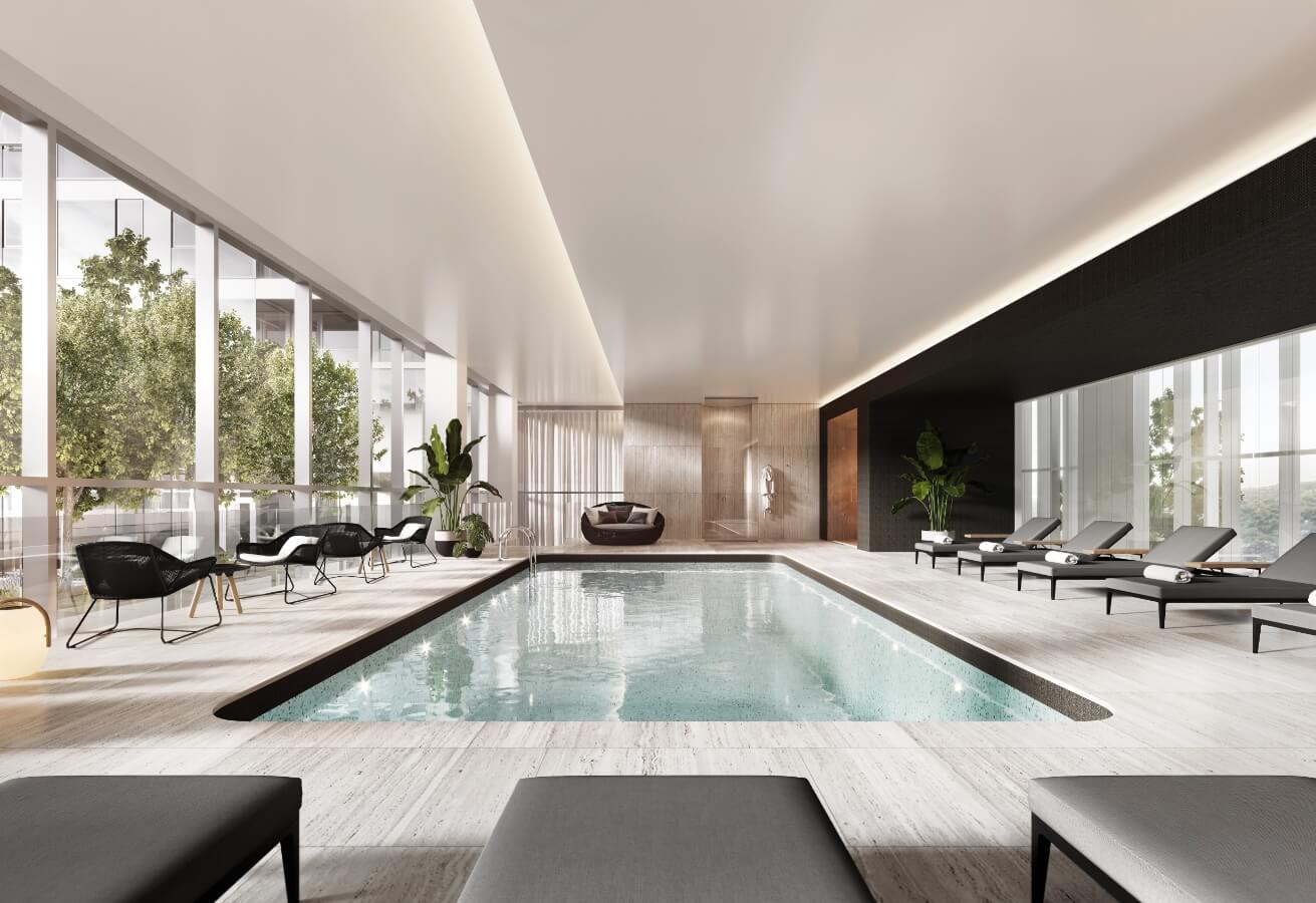 Interior view of the pool area at Quinze-Cent, a condo project for sale in Montreal