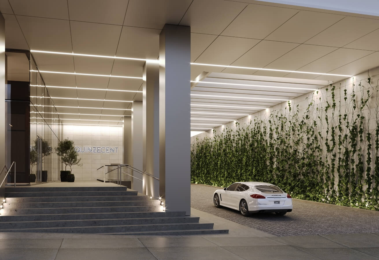 Stationnement extérieur de l’édifice de condos neufs à vendre Quinze-Cent